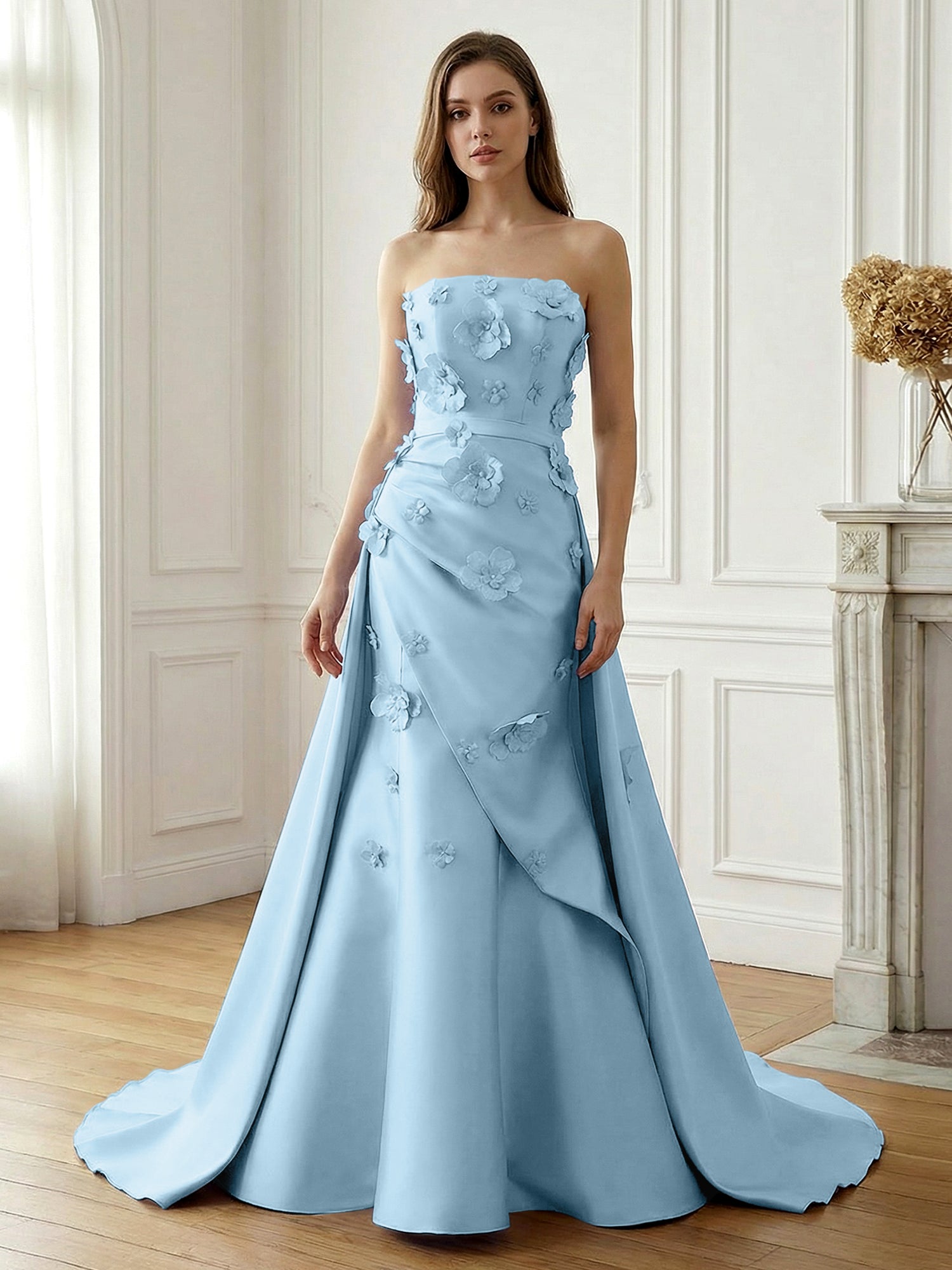 Lavender Satin 3D Floral Strapless A-Line Gown
