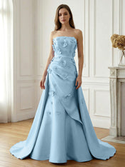 Lavender Satin 3D Floral Strapless A-Line Gown