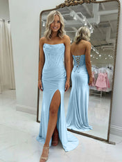 Bodycon Scoop Neck Satin Long Prom Dress with Slit
