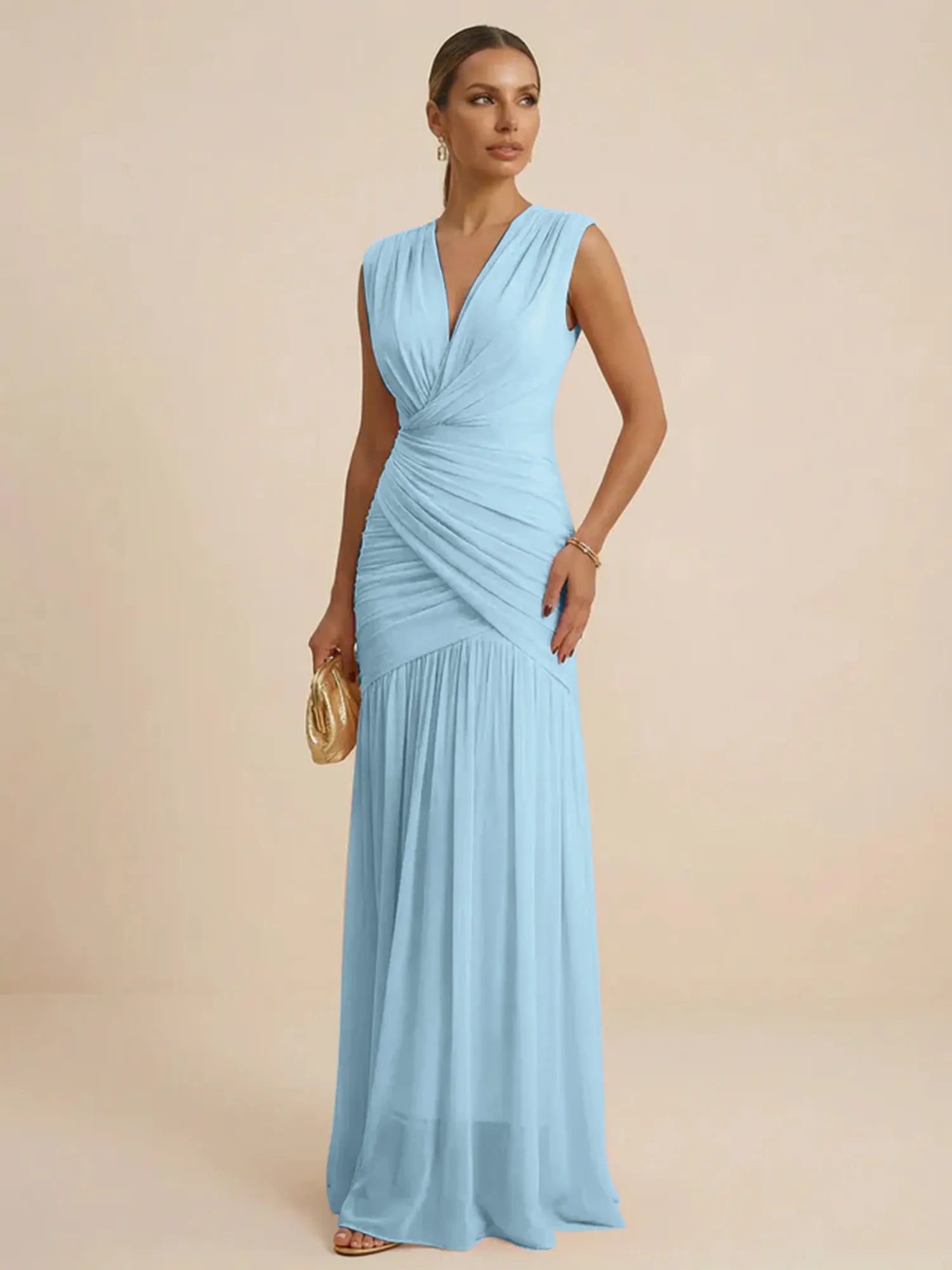 Pink Regular Straps V Neck Chiffon Pleat Mermaid Maxi Dress
