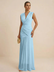Pink Regular Straps V Neck Chiffon Pleat Mermaid Maxi Dress