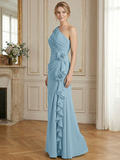 Dusty Blue One-Shoulder Ruched Floral Maxi Dress Gown