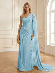 Sage Green One Shoulder Beaded Evening Gown with Cape Sleeve
