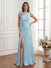 Olive Green Pleated One-Shoulder Prom Dress with 3D Rosettes