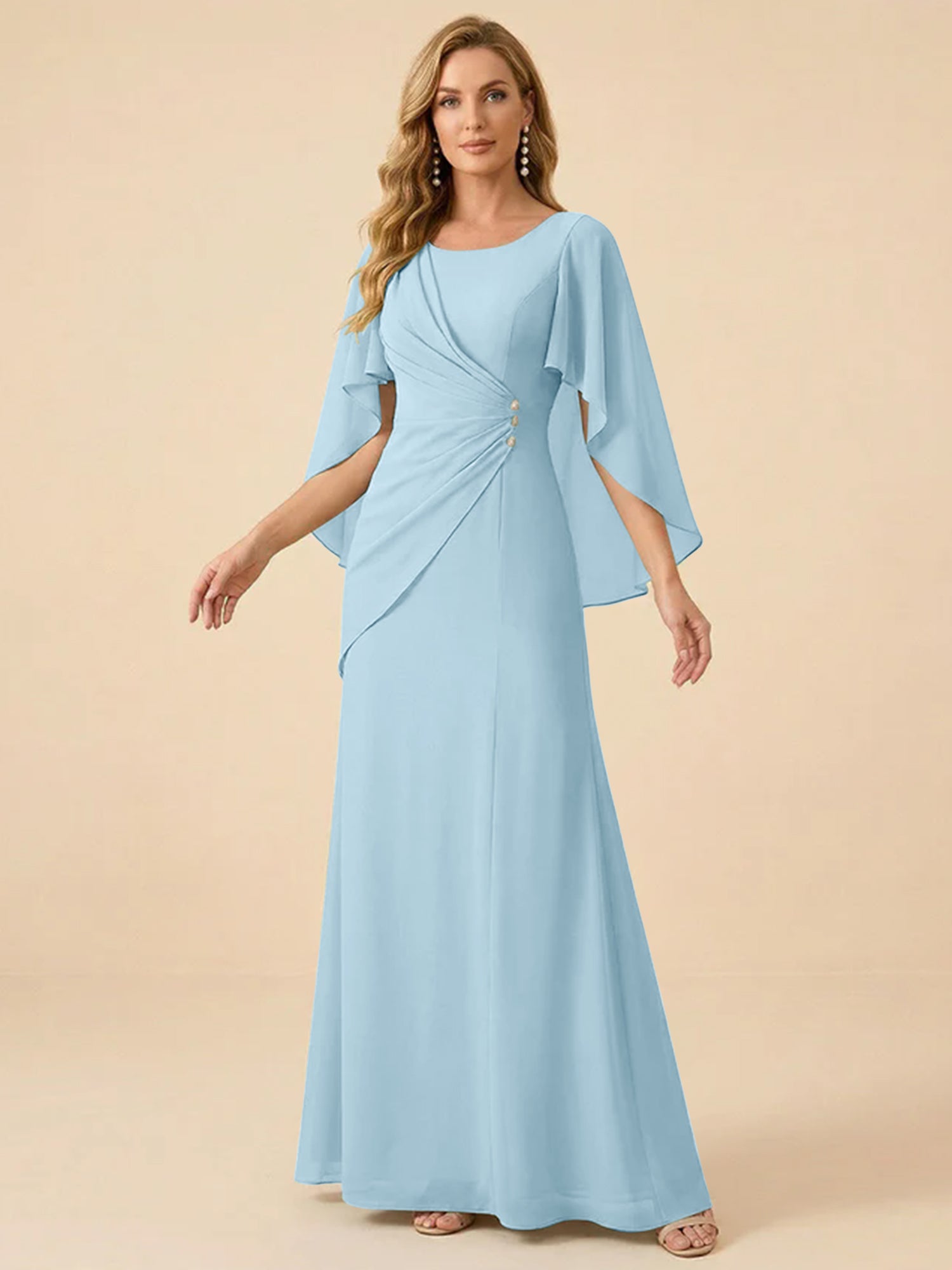 Sage Green Chiffon Beaded Mother of the Bride Dress with Cape Sleeves