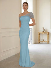 Sophisticated Blush Pink Asymmetrical Ruched Maxi Dress Evening Gown
