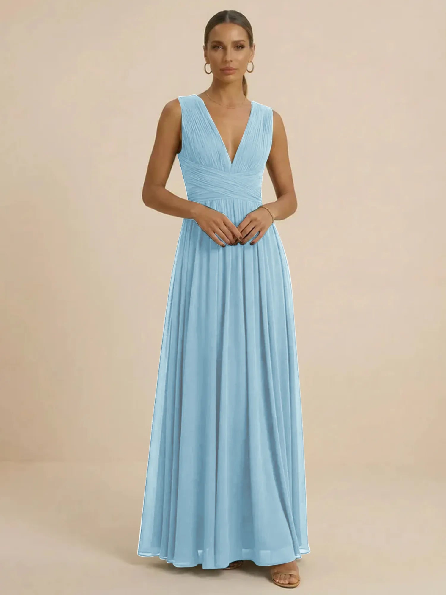 Teal Pleated V-Neck Chiffon Evening Gown with Ruched