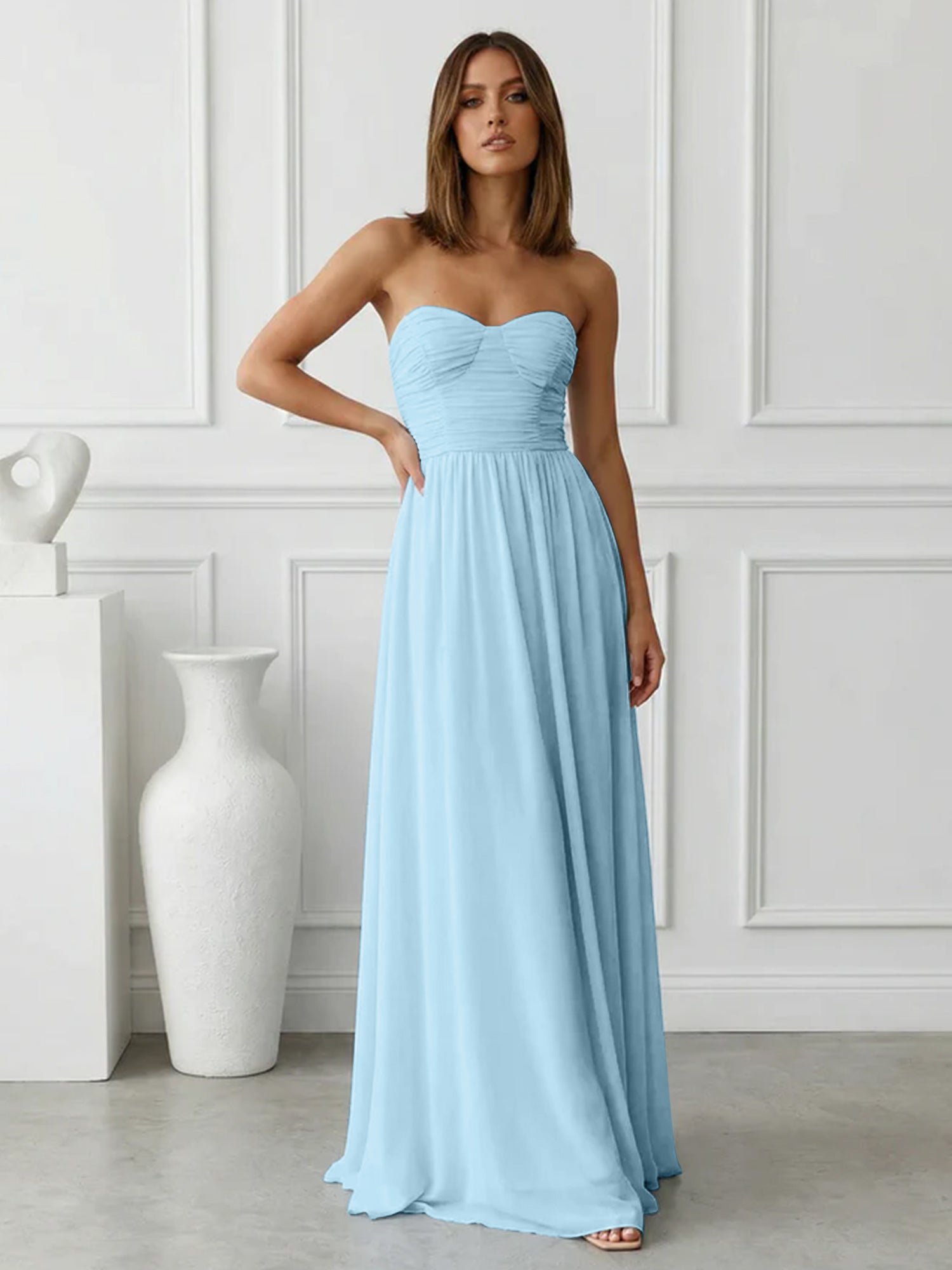 Light Blue Sweetheart Chiffon A Line Maxi Dress with Pleat