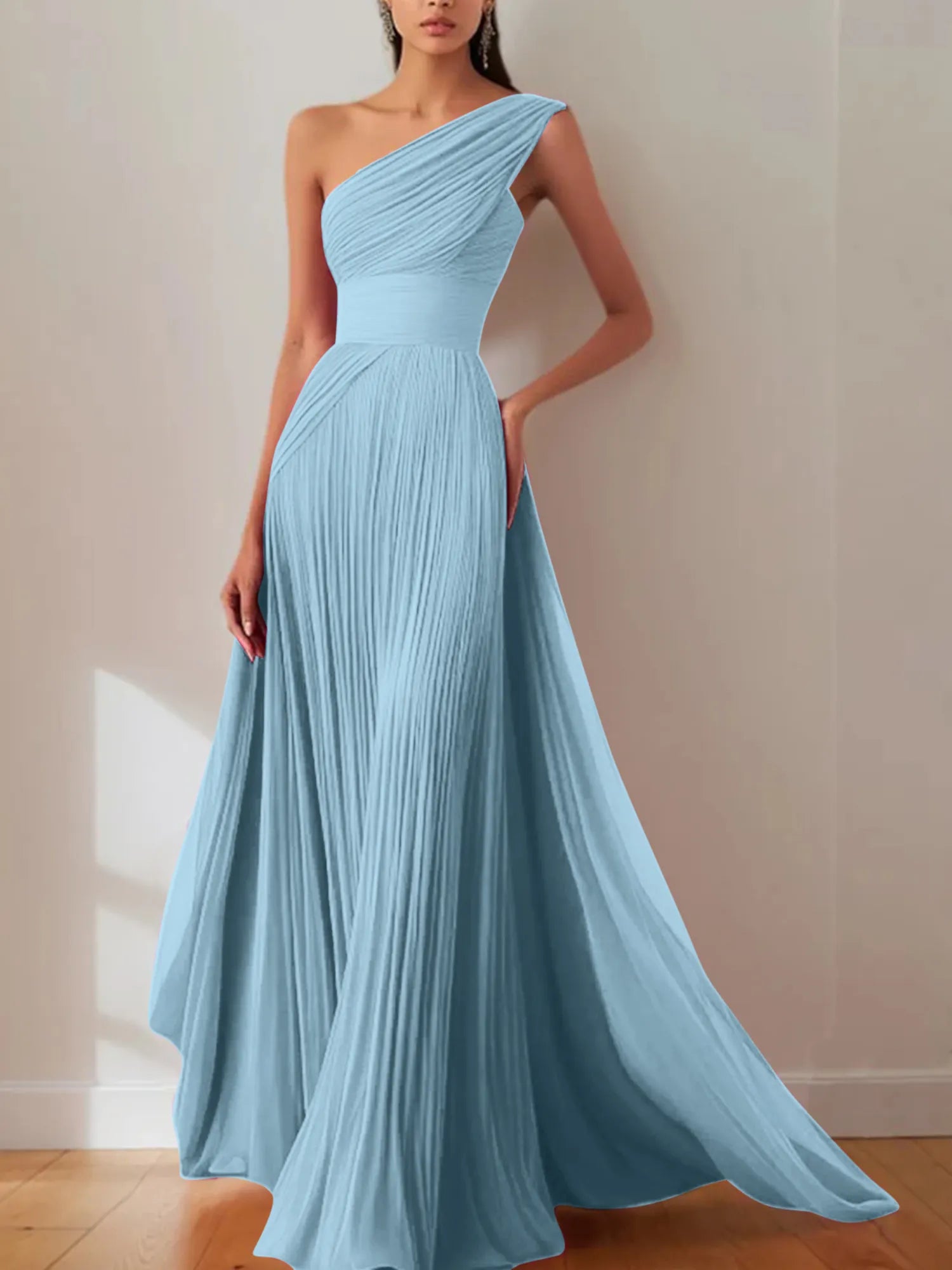 Prom Formal Pleated Dress Rose Color One-Shoulder Maxi Dress