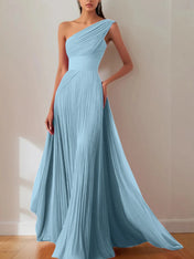 Prom Formal Pleated Dress Rose Color One-Shoulder Maxi Dress
