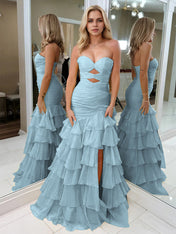 Yellow Strapless Mermaid Cutouts Ruffled Tiered Corset Back Prom Dress with Slit
