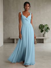 Elegant Soft Blush Twist-Front Chiffon Maxi Gown
