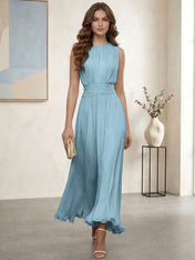 Ethereal Formal Evening Dress Ice Blue Pleated Chiffon Maxi Gown