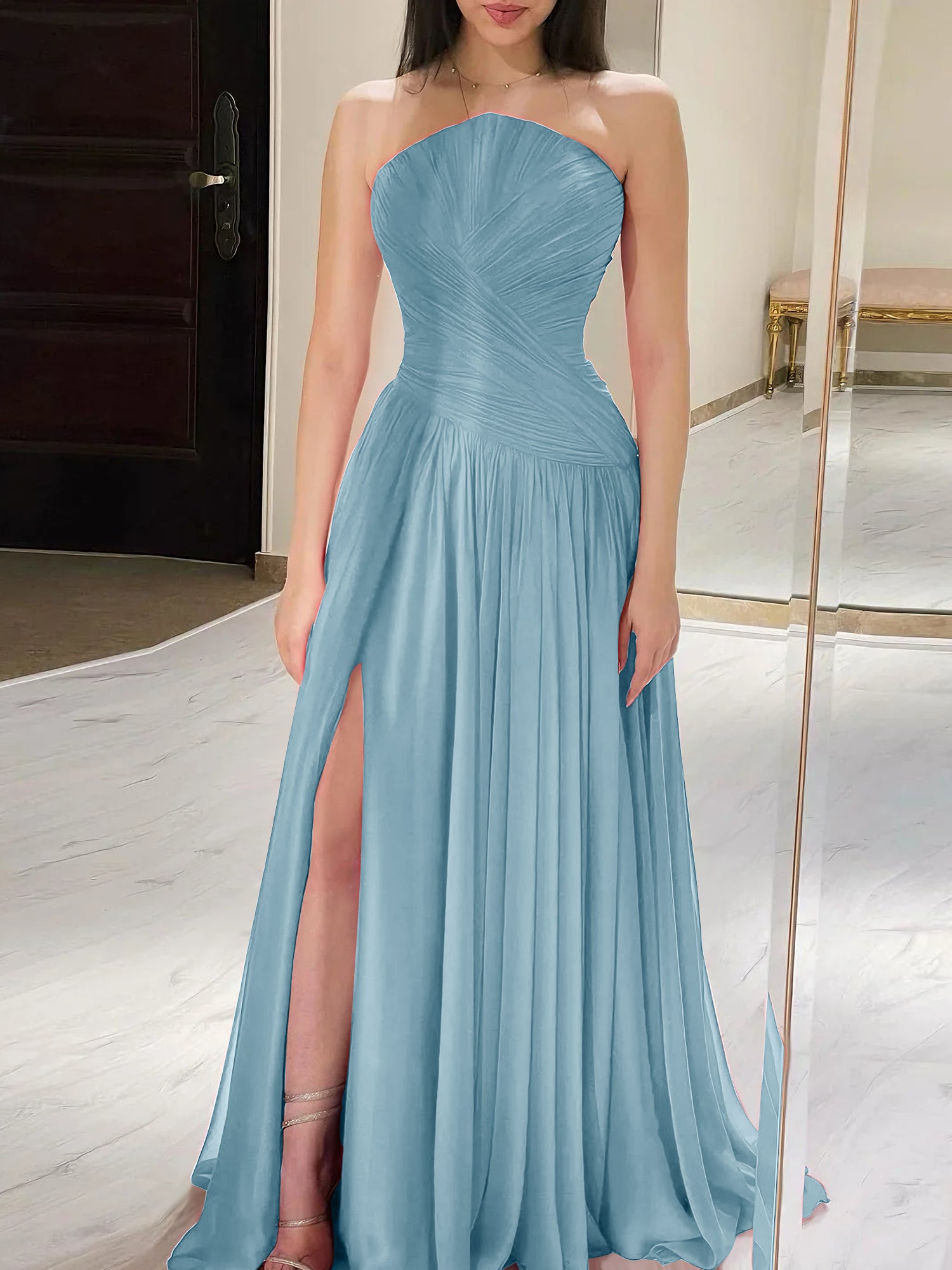 Red Pleated Chiffon Strapless Long Prom Dress with Slit