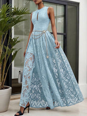 Midnight Black Lace Hollow Out Crew Neck Sleeveless A-Line Maxi Dress