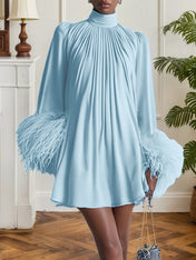 Blue Feather Ruched Chiffon Mock Neck Long Sleeve A-Line Mini Dress