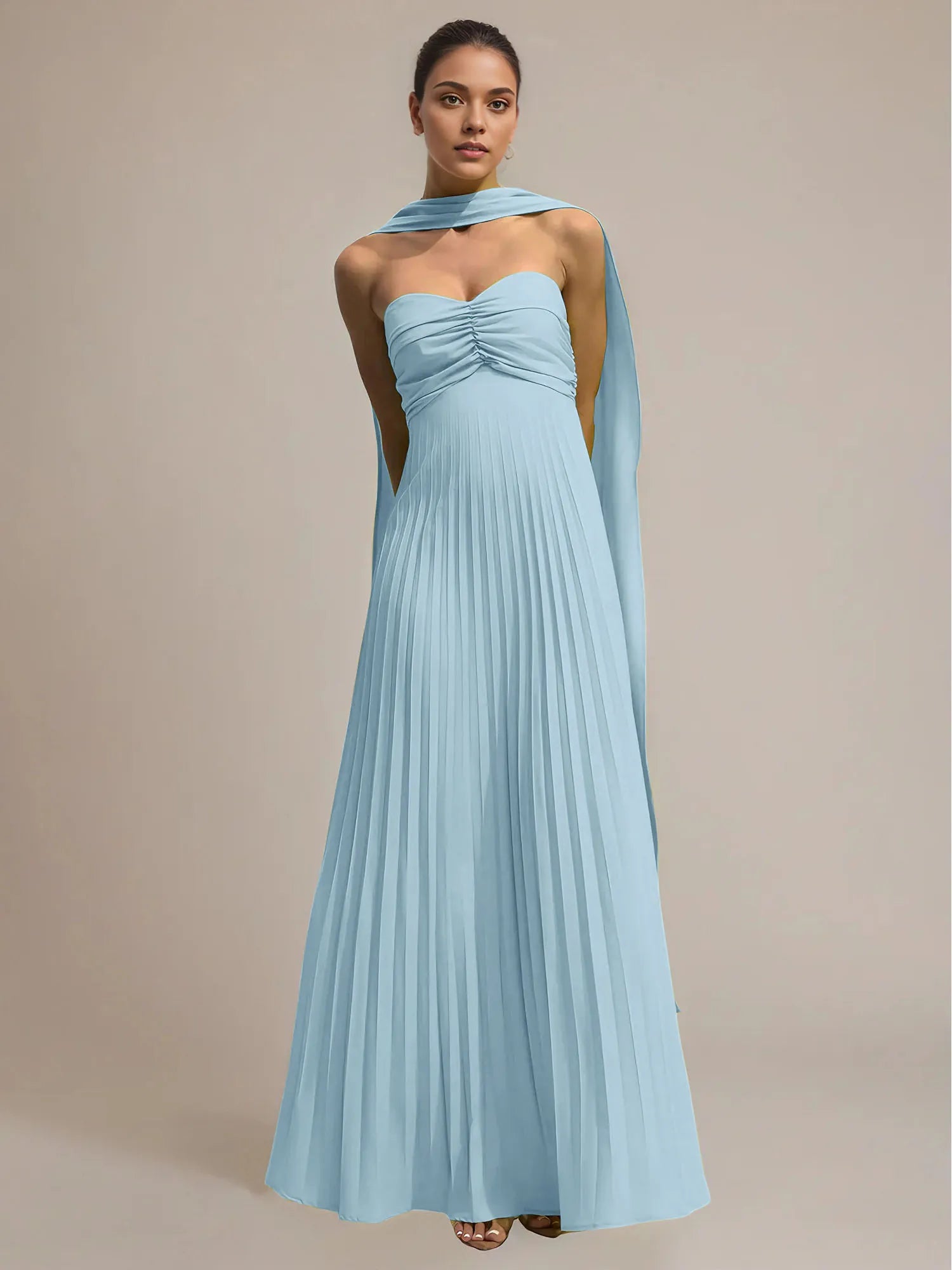Green Chiffon A Line Off The Shoulder Sleeveless Floor Length Pleated Dress