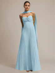 Green Chiffon A Line Off The Shoulder Sleeveless Floor Length Pleated Dress