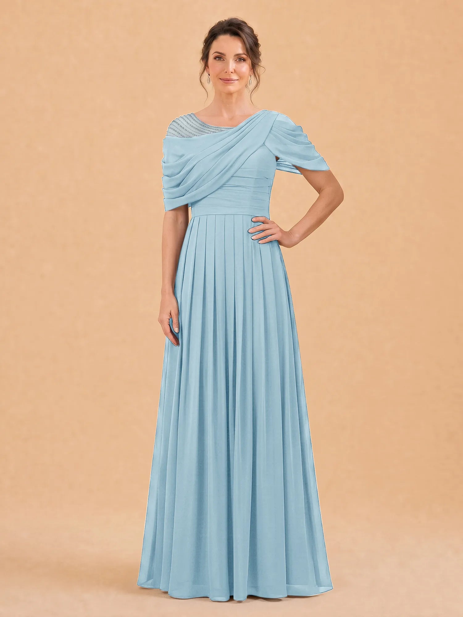 One-Shoulder Cape Overlay Chiffon Mother of the Bride Dress