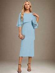 Sheath/Column Scoop Tea Length Chiffon Dress With Pleated Beading