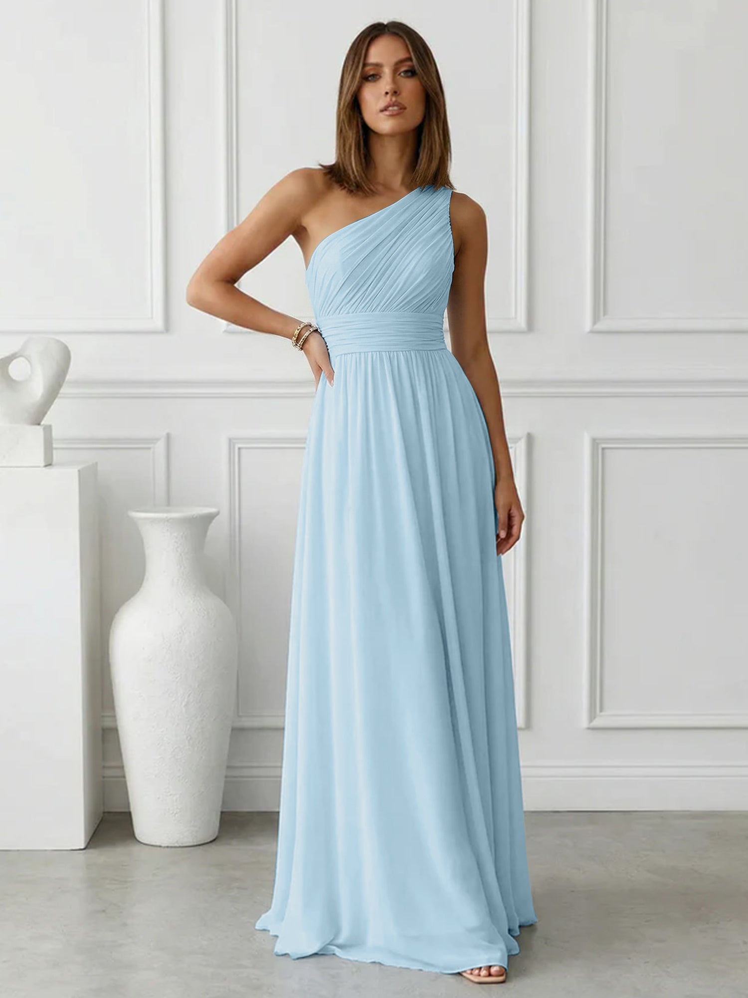 Timeless Light Blue One-Shoulder Maxi Dress Ruched Chiffon Gown