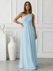 Timeless Light Blue One-Shoulder Maxi Dress Ruched Chiffon Gown