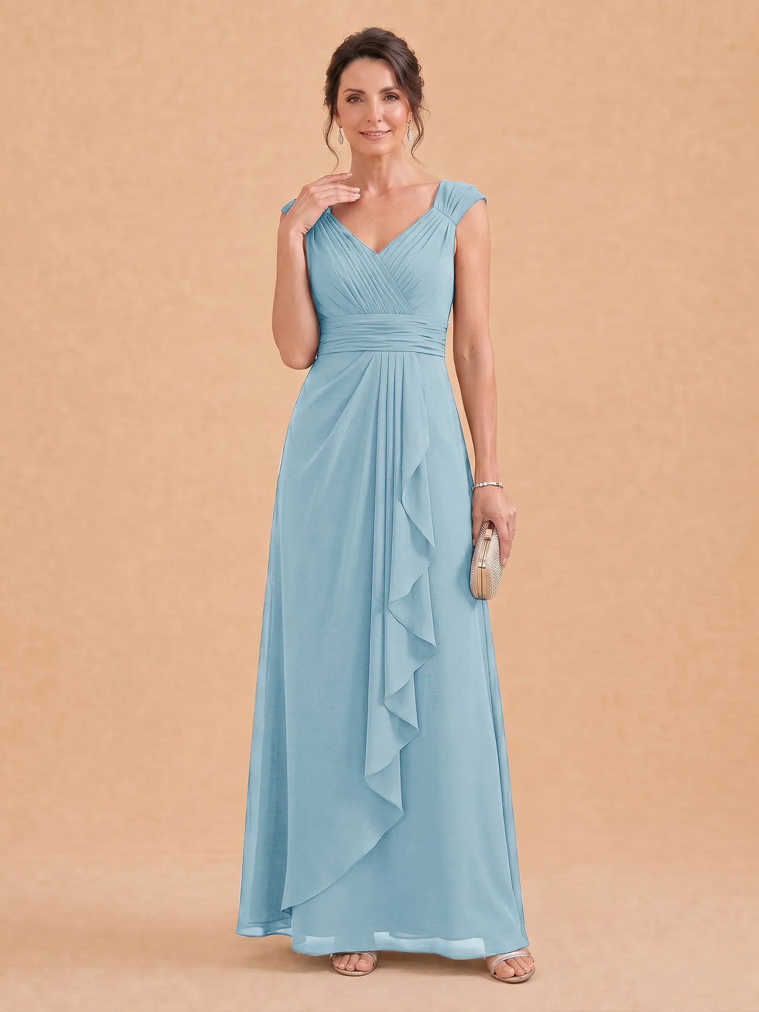 V-Neck Ruched Chiffon A-Line Mother of the Bride Dress with Cascading Ruffle