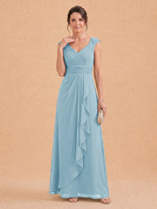 V-Neck Ruched Chiffon A-Line Mother of the Bride Dress with Cascading Ruffle