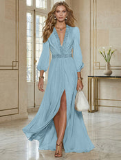 Elegant Beige Chiffon V-neck With Rhinestone Embellishments And A Side Slit Maxi Dress