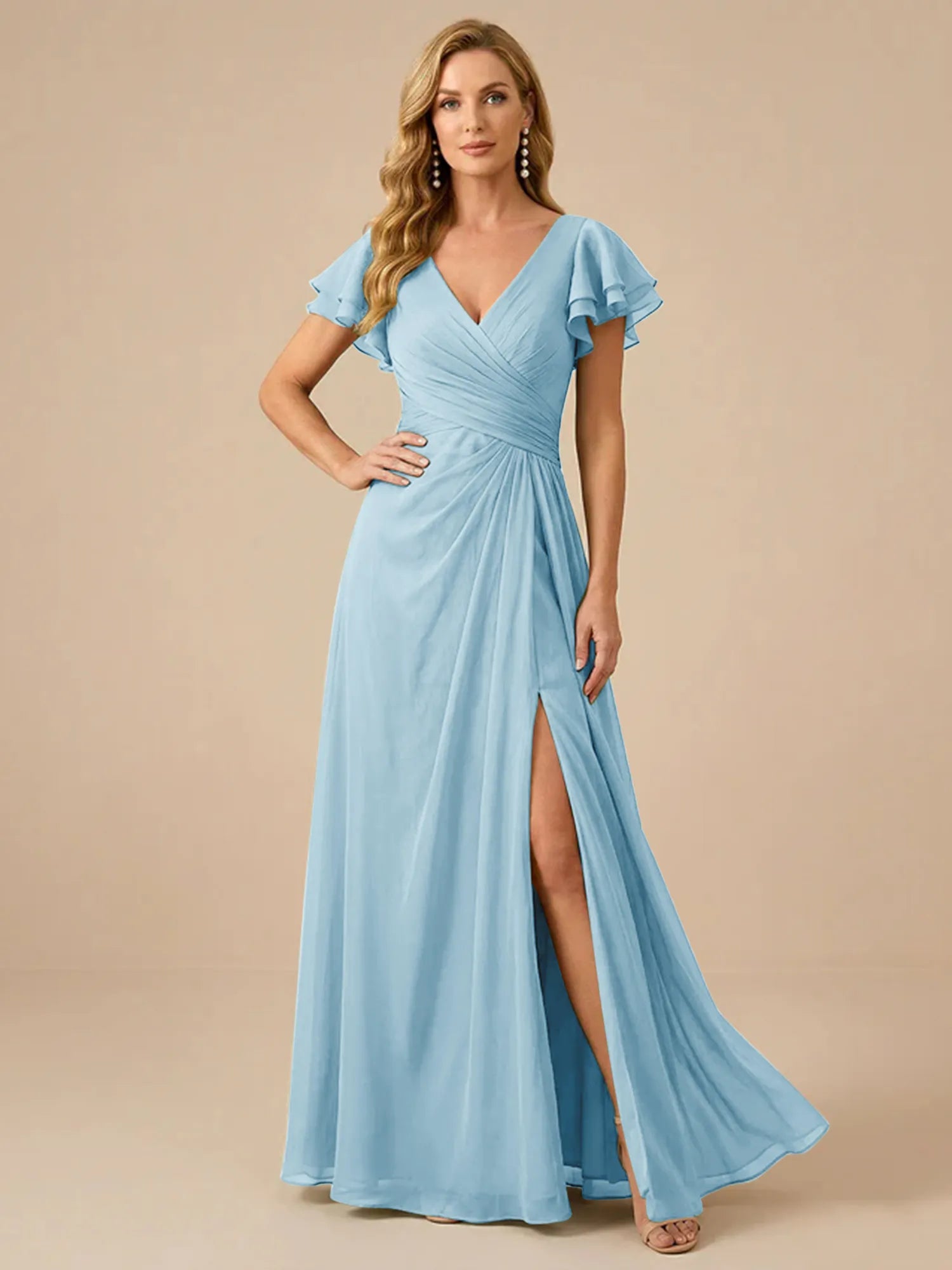 Sage Green V-Neck High-Slit Pleated Chiffon Dress