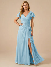 Sage Green V-Neck High-Slit Pleated Chiffon Dress