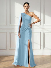 Formal Evening Dress Burgundy One Shoulder Slit Maxi Dress Gown