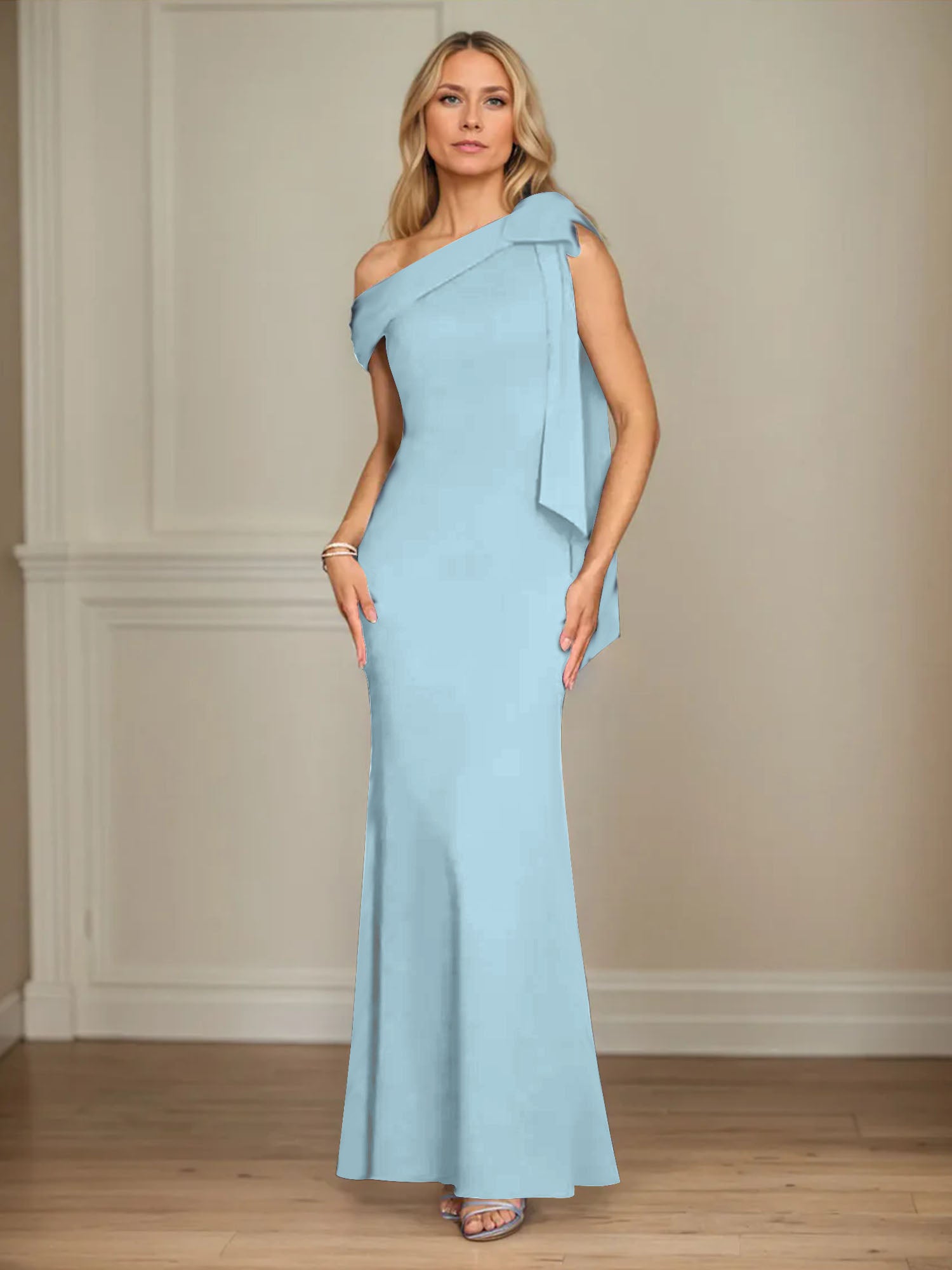 Mermaid One Shoulder Sleeveless Stretch Crepe Mother of the Bride Dress With Bow