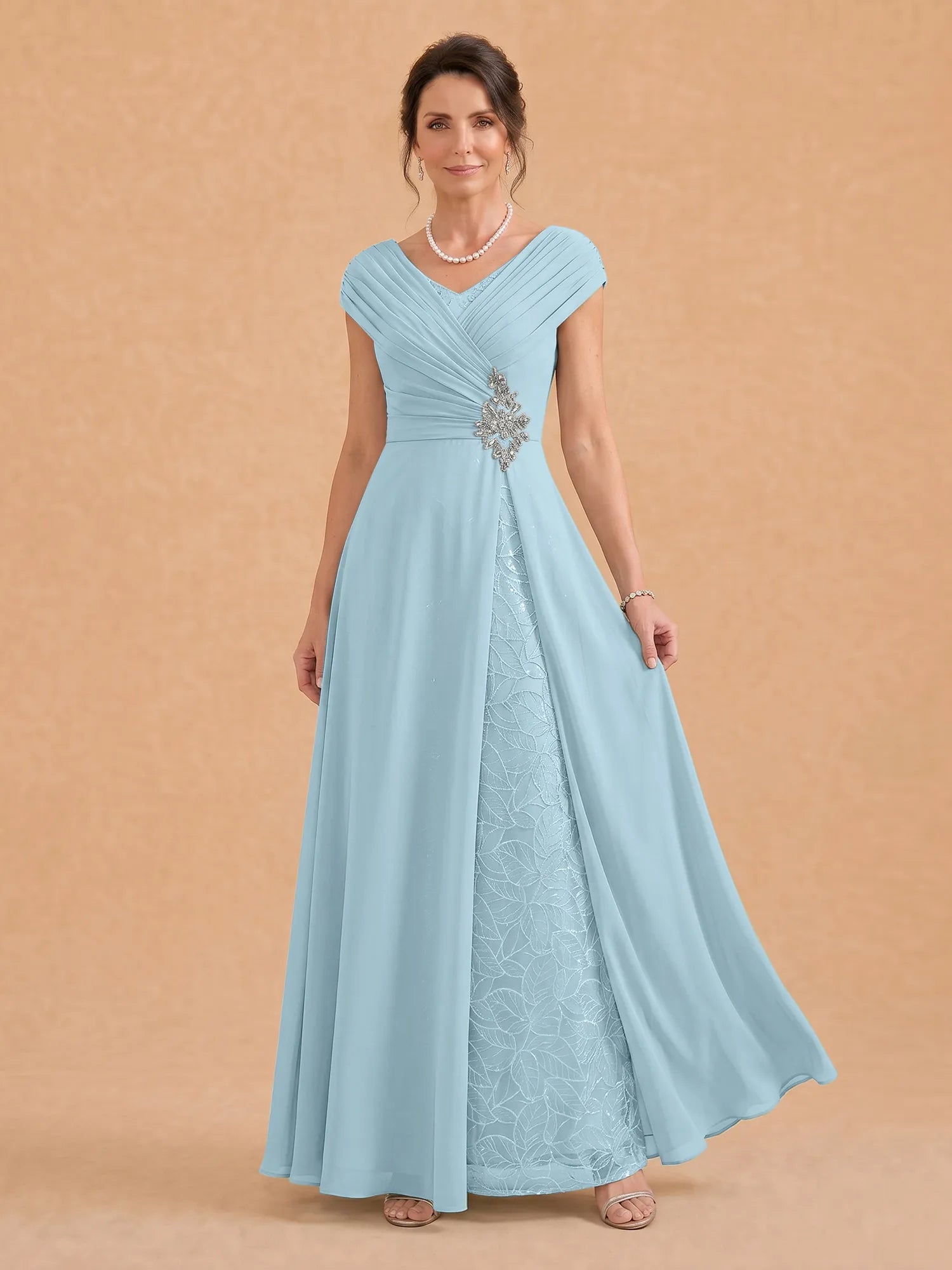 V-Neck Ruched Chiffon A-Line Mother of the Bride Dress with Crystal Brooch
