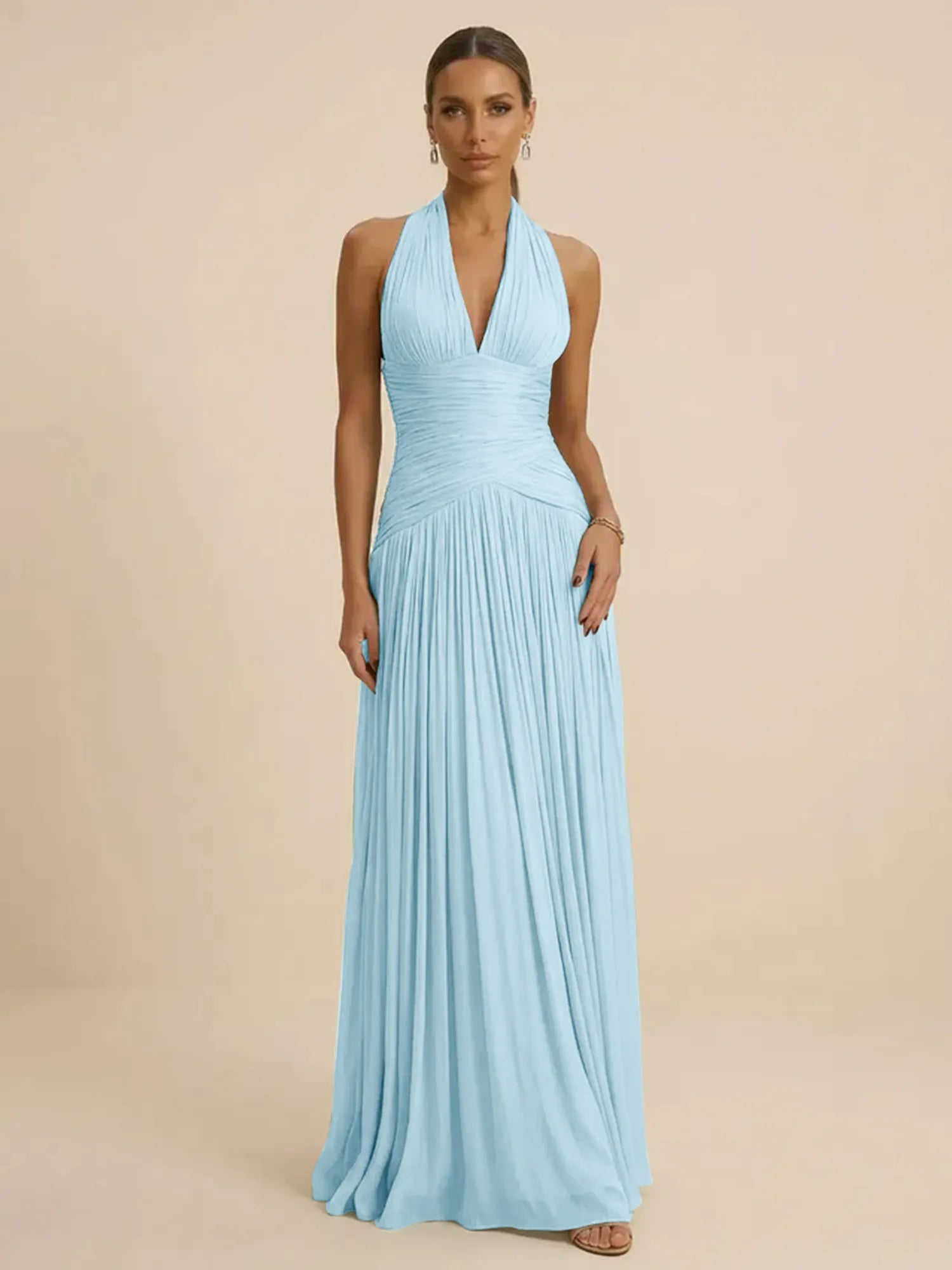 Sage Green Halter Neck Pleated Chiffon Evening Gown with Ruched