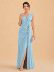 V-Neck Faux-Wrap Evening Gown with Side Draping Mother of The Bride Dresses