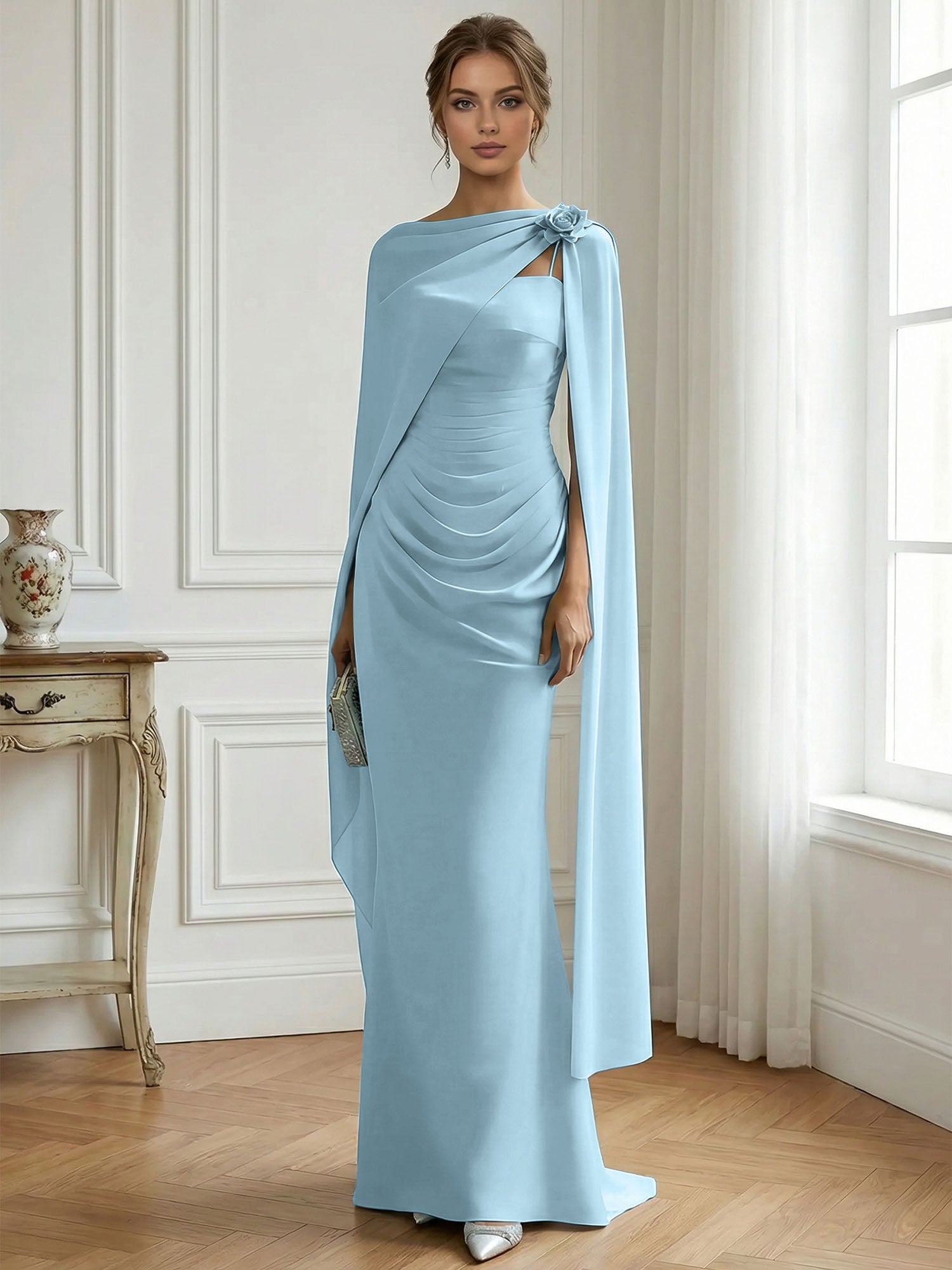 Formal Evening Gown Ice Blue Ruched Satin Maxi Dress with Sheer Floral Cape