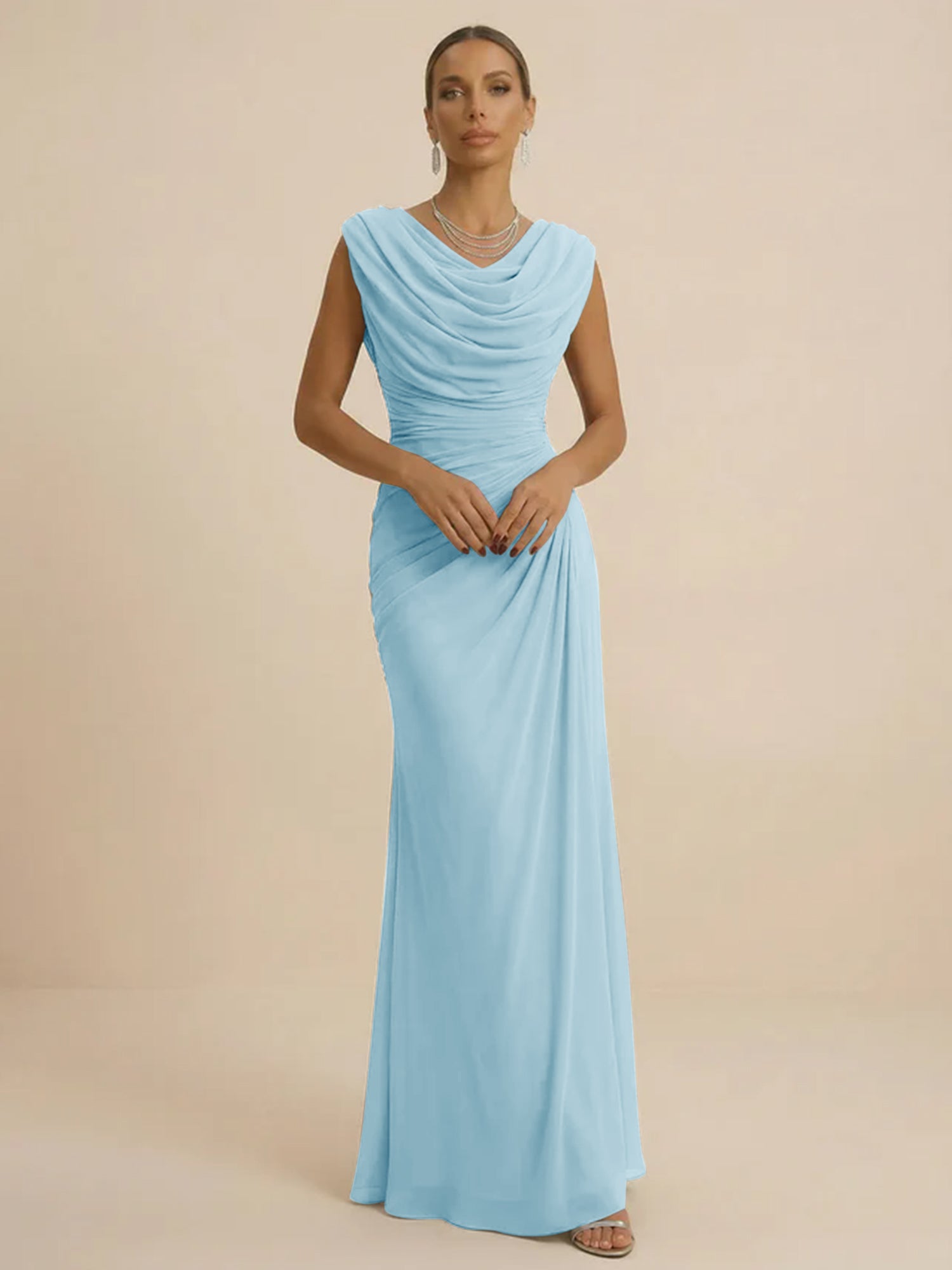 Dusty Grey Draped Cowl Neck Ruched Chiffon Evening Dresses