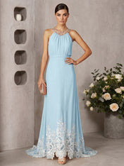 Pink Beaded Ruched Chiffon Halter Sleeveless A-Line Gown Maxi Dress