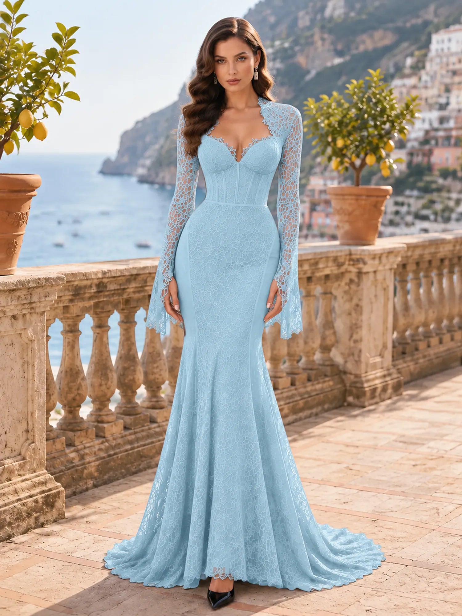 Long-Sleeve Lace-Trimmed Mermaid Evening Dress