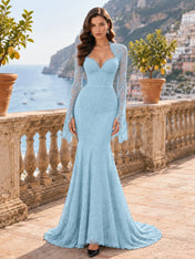 Long-Sleeve Lace-Trimmed Mermaid Evening Dress