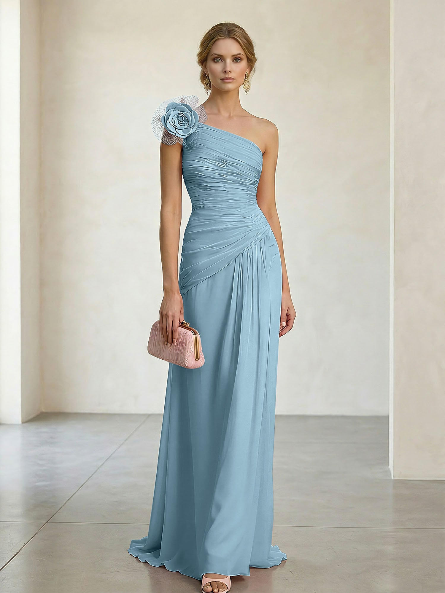 Blush Pink One-Shoulder Ruched 3D Floral Gown Dress
