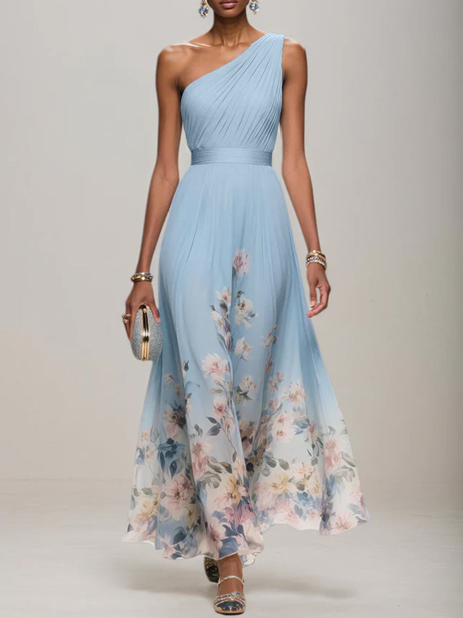 Light Blue Floral Chiffon One Shoulder Sleeveless A-Line Maxi Dress Gown