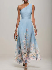 Light Blue Floral Chiffon One Shoulder Sleeveless A-Line Maxi Dress Gown