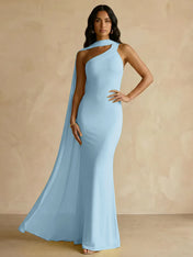 Yellow One-Shoulder Crepe Sheath Gown with Flowing Chiffon Cape Train