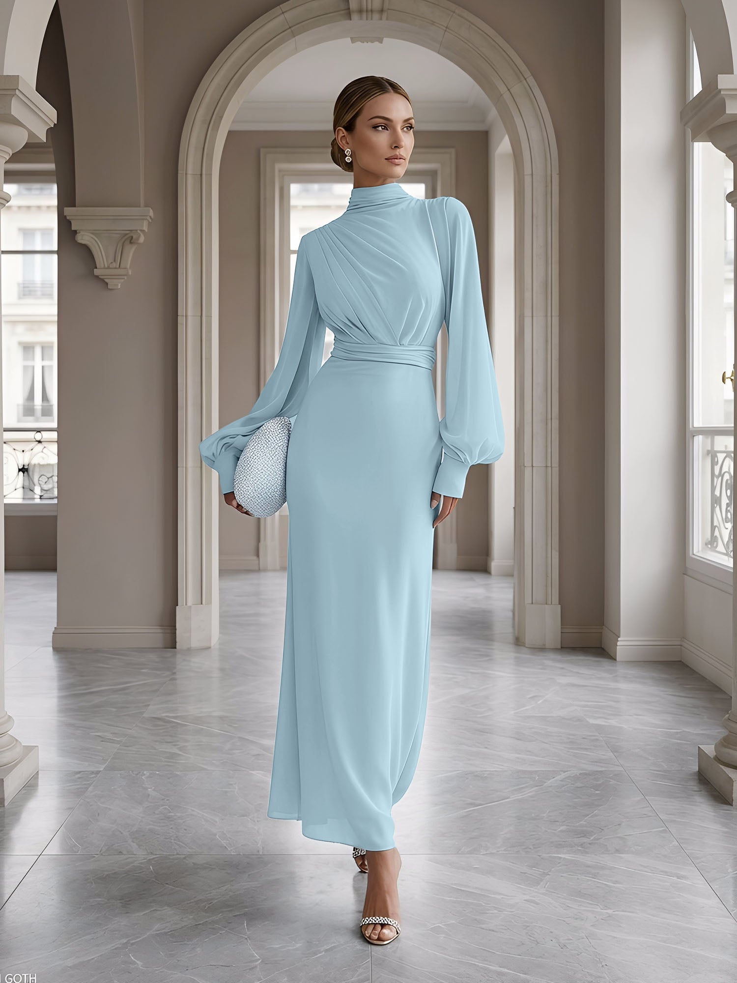 Ice Blue High-Neck Bishop Sleeve Gown Foraml Evening Dress