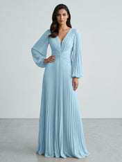 Slate Blue Plunging V-Neck Pleated Long Sleeve Maxi Dress Gown