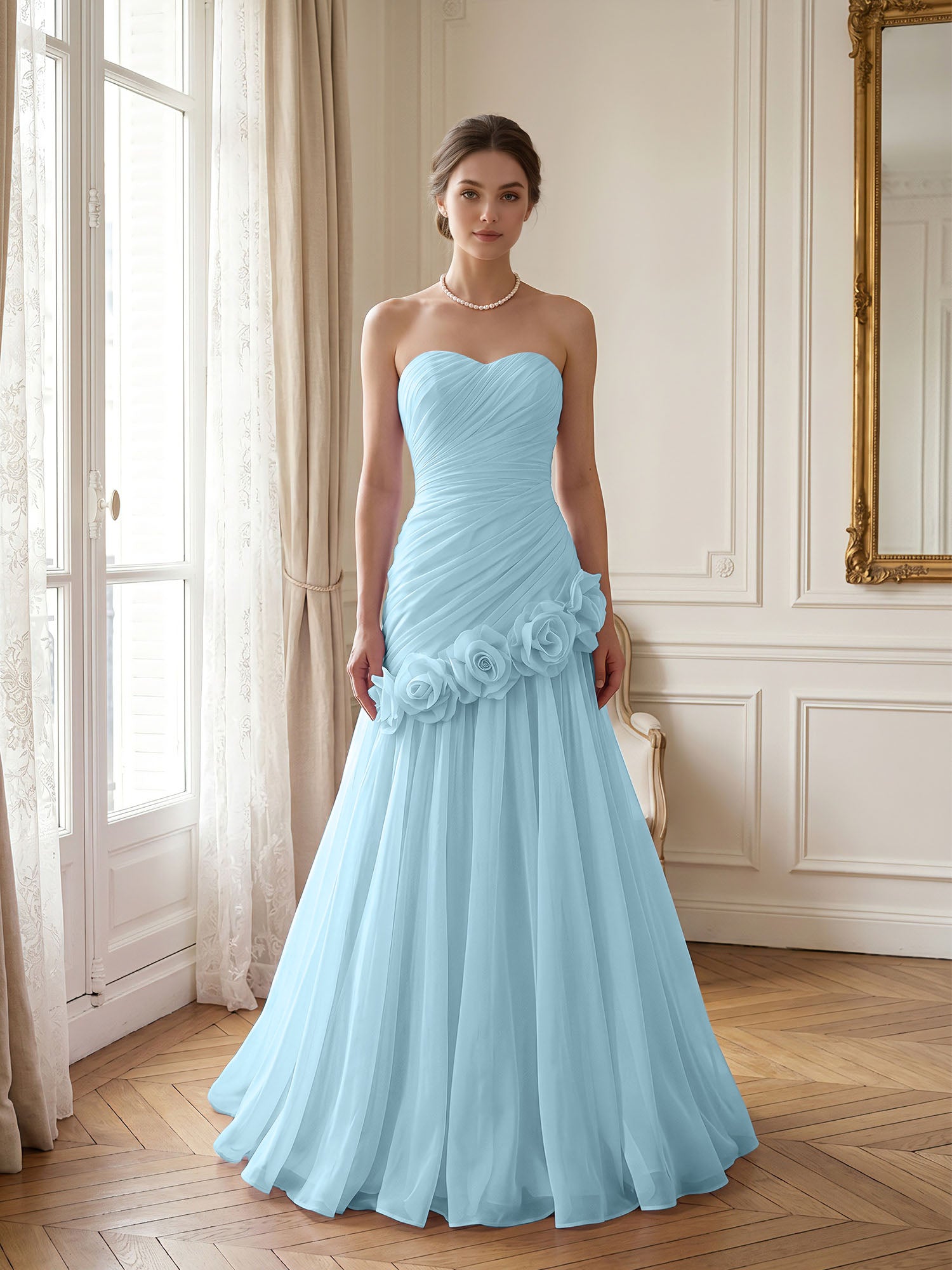 Lilac 3D Rosette Strapless Chiffon Evening Formal Gown Wedding Guest Dress