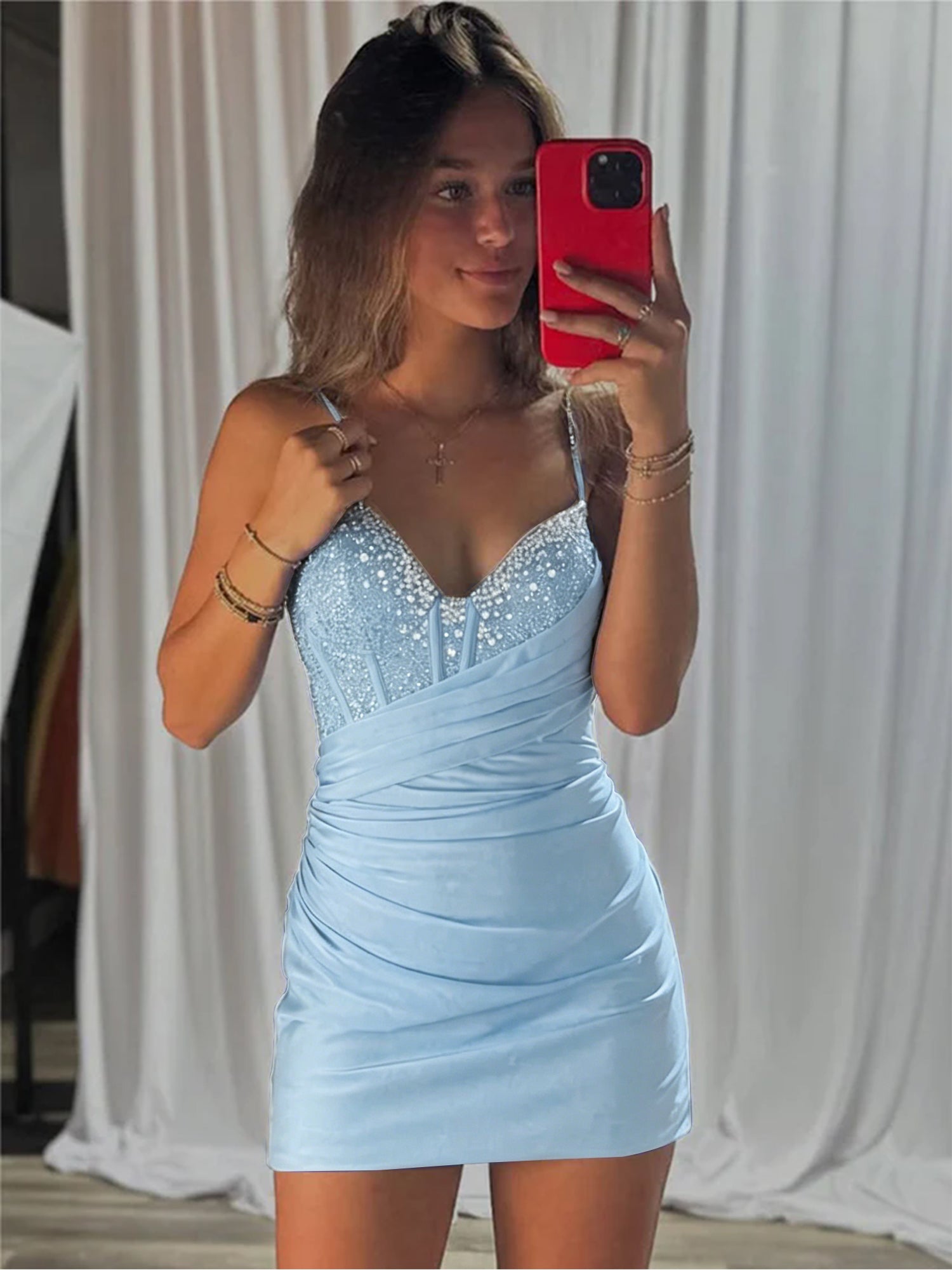 Beaded V Neck Corset Bodice Homecoming Dress