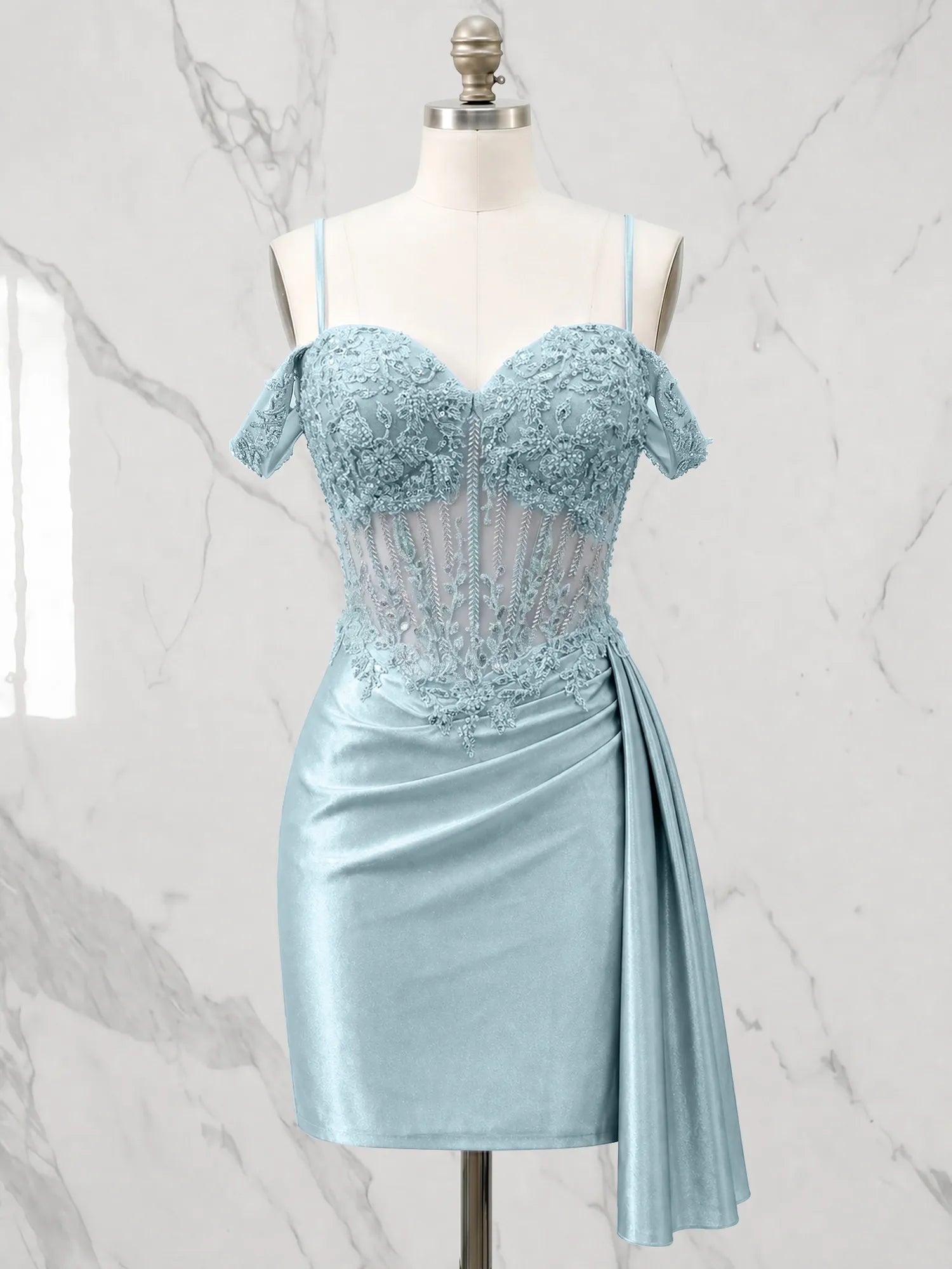 Sweetheart Sheer Corset Mini Dress with Cascading Side Drape Homecoming Dresses
